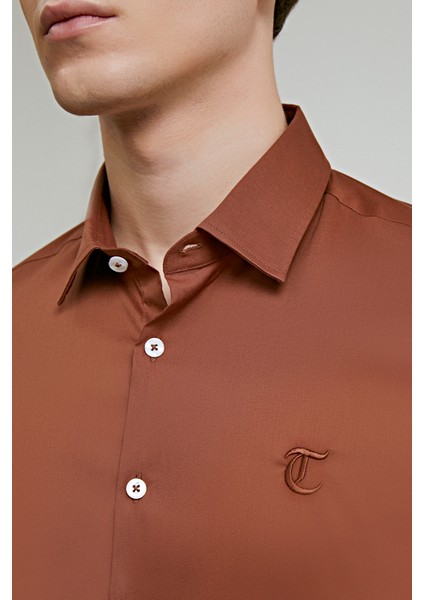 D'S Damat Twn Slim Fit Toprak Düz Stretch Gömlek 8EC02EE44326D