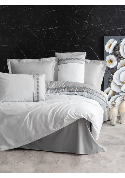 Nakışlı Saten Çift Kişilik Nevresim Takımı Fedor Gri