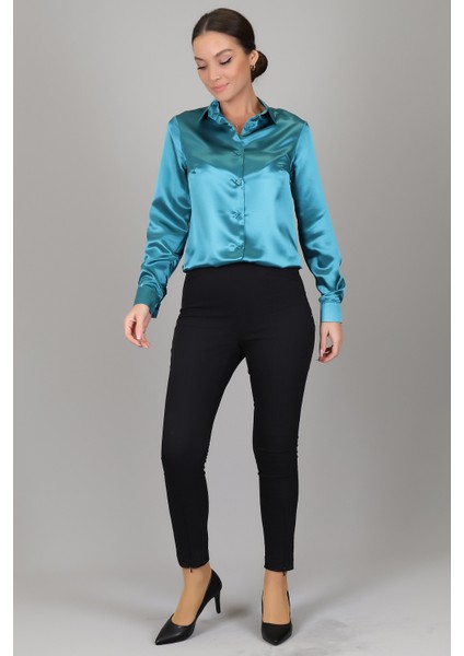 Sweetness Kadın Petrol Yeşili Saten Gömlek modelleri