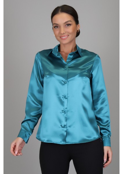 Sweetness Kadın Petrol Yeşili Saten Gömlek fırsatları
