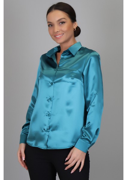 Sweetness Kadın Petrol Yeşili Saten Gömlek