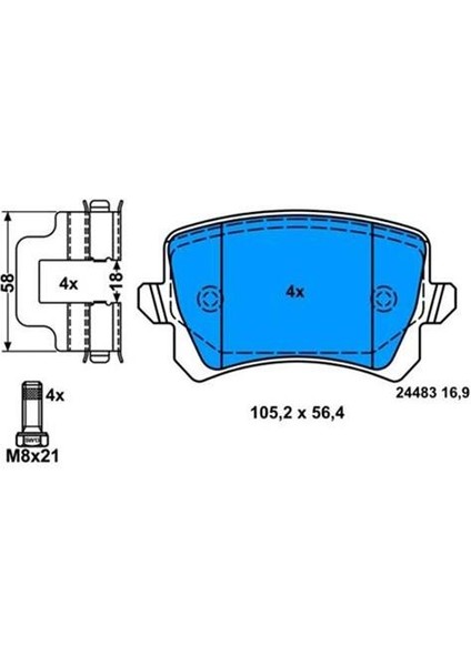 0986494344 Arka Balata Caddy-Tıguan-Passat-A6-Q3 11 GDB1763 WVA24483 105.5X56.4X17 mm 0986TB3125