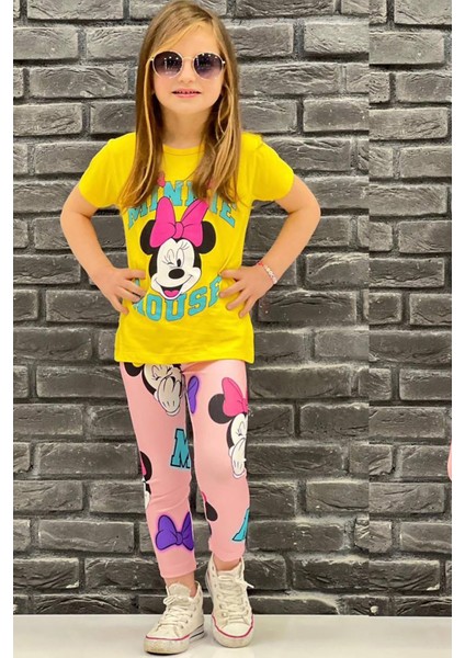Kız Çocuk Minnie Mouse Baskılı T-Shirt Tayt Takım