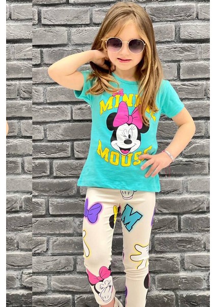 Kız Çocuk Minnie Mouse Baskılı T-Shirt Tayt Takım