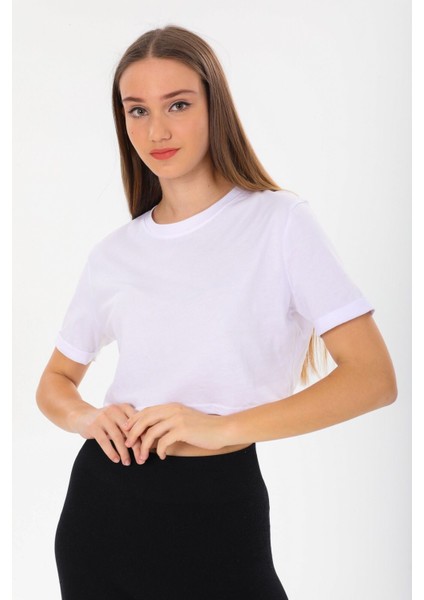 Kadın Kısa Kol Crop T-Shirt Duble Kol