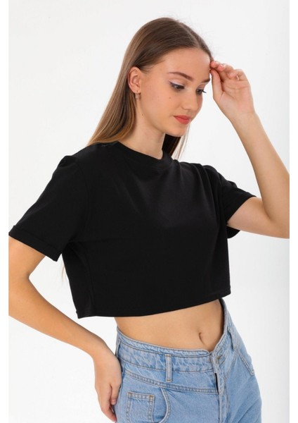 Kadın Kısa Kol Crop T-Shirt Duble Kol