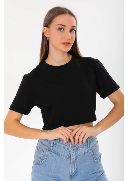 Kadın Kısa Kol Crop T-Shirt Duble Kol