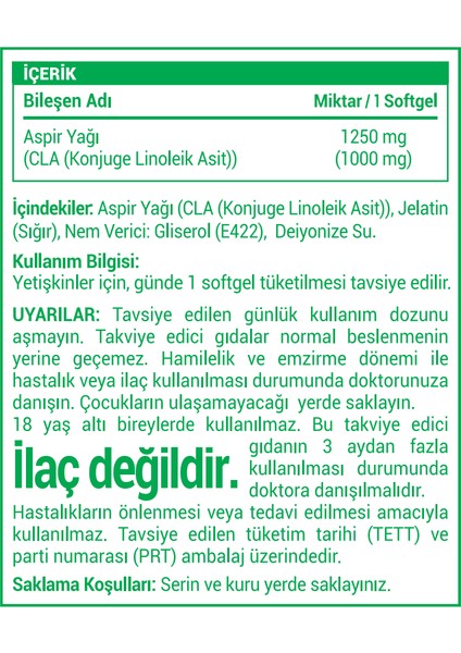 CLA (Konjuge Linoleik Asit ) Aspi̇r Yaği 90 Softgel