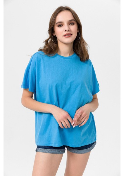 Kadın Bisiklet Yaka Oversize T-Shirt