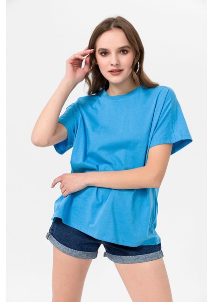 Kadın Bisiklet Yaka Oversize T-Shirt