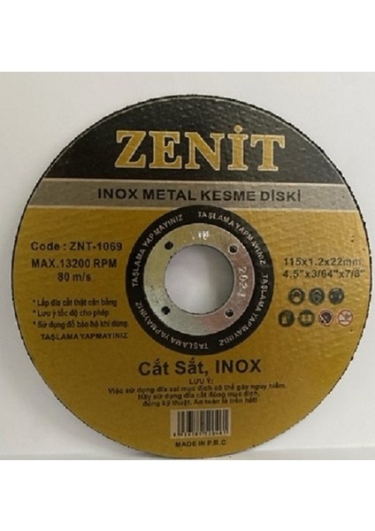 Metal Malzeme Kesici Zenit ZNT-1069 Taşlama Diski 20 Adet 115*1,2*22MM