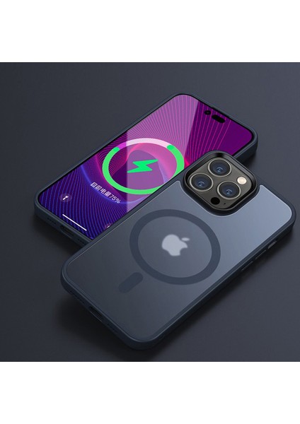 Apple iphone 14 Pro Max Kılıf Mat Magsafe Wireless Şarj Destekli Hassas Butonlu Soft Mat Kenarlı Buzlu Çerçeveli Darbe Korumalı Mor Kapak