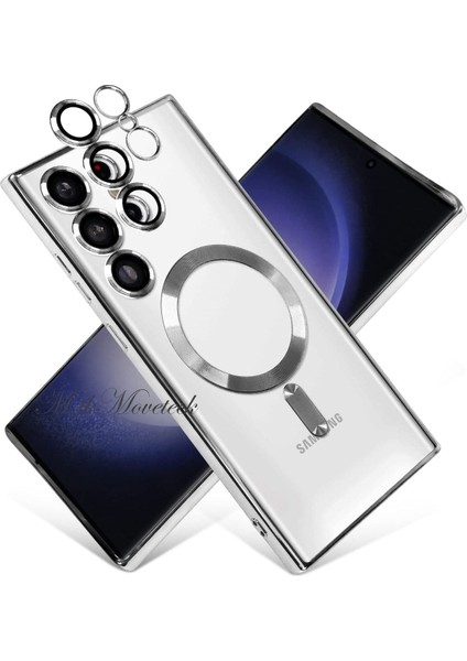 Samsung Galaxy S23 Ultra Kılıf Kendinden Lensli Mercek Korumalı Wireless Şarj Destekli Parlak Renkli Kenarlı Arkası Şeffaf Magsafe Kapak