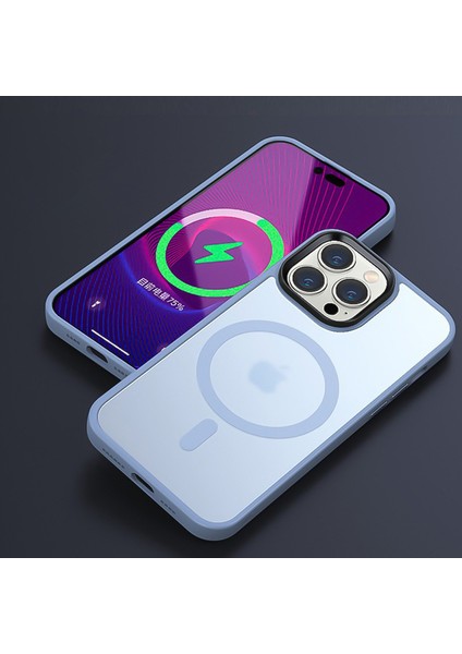 Apple iphone 14 Pro Max Kılıf Mat Magsafe Wireless Şarj Destekli Hassas Butonlu Soft Mat Kenarlı Buzlu Çerçeveli Darbe Korumalı Mor Kapak