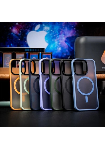 Apple iphone 14 Pro Max Kılıf Mat Magsafe Wireless Şarj Destekli Hassas Butonlu Soft Mat Kenarlı Buzlu Çerçeveli Darbe Korumalı Mor Kapak