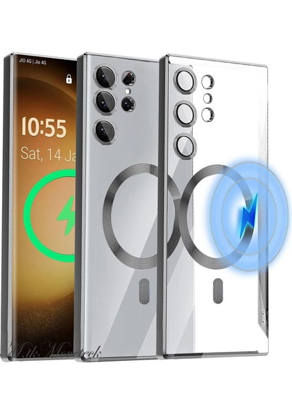 Samsung Galaxy S23 Ultra Kılıf Kendinden Lensli Mercek Korumalı Wireless Şarj Destekli Parlak Renkli Kenarlı Arkası Şeffaf Magsafe Kapak