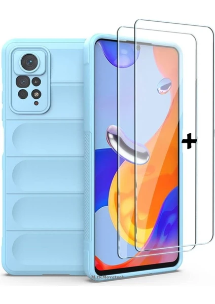 MTK Moveteck Xiaomi Redmi Note 11 Pro Uyumlu Kılıf Kamera Korumalı Arkası Kasisli Dalgalı Içi Süet Kadife Leke Tutmaz Yumuşak Silikon + Cam Set