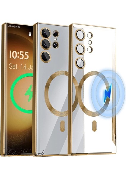 Samsung Galaxy S23 Ultra Kılıf Kendinden Lensli Mercek Korumalı Wireless Şarj Destekli Parlak Renkli Kenarlı Arkası Şeffaf Magsafe Kapak