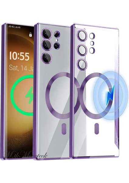 Samsung Galaxy S23 Ultra Kılıf Kendinden Lensli Mercek Korumalı Wireless Şarj Destekli Parlak Renkli Kenarlı Arkası Şeffaf Magsafe Kapak