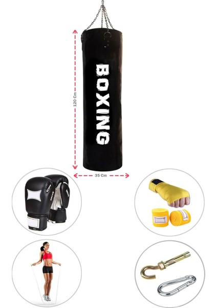 Spor Byfit 120 cm x 35 cm Siyah Boks Torbası + Eldiven + Bandaj + Atlama Ipi + Askı Aparatı - 5' Li Set - Dolu