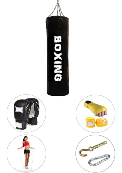 Spor Byfit 80 cm x 30 cm Siyah Boks Torbası + Eldiven + Bandaj + Atlama Ipi + Askı Aparatı - 5' Li Set - Dolu