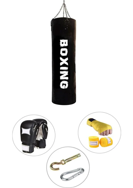 Spor Byfit 80 cm x 30 cm Siyah Boks Torbası + Boks Eldiveni + Boks Bandajı + Askı Aparatı - 4' Lü Set - Dolu