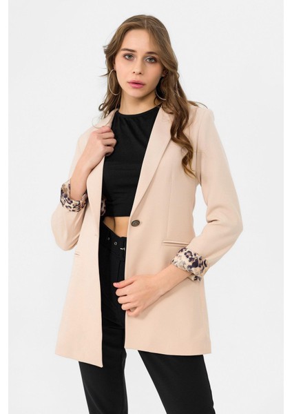 Kadın Astarı Leopar Desenli Tek Düğme Kapamalı Blazer Ceket modelleri