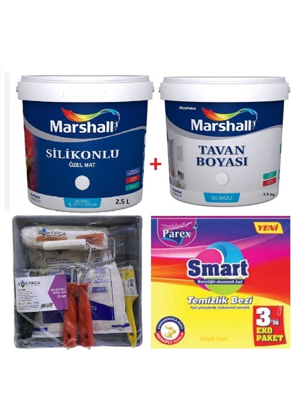 Silikonlu Özel Mat Silinebilir Duvar Boyası 2.5 Lt + Marshall Tavan Boyası 3.5 Kg + İzmir Fırça Duvar Boyama Seti
