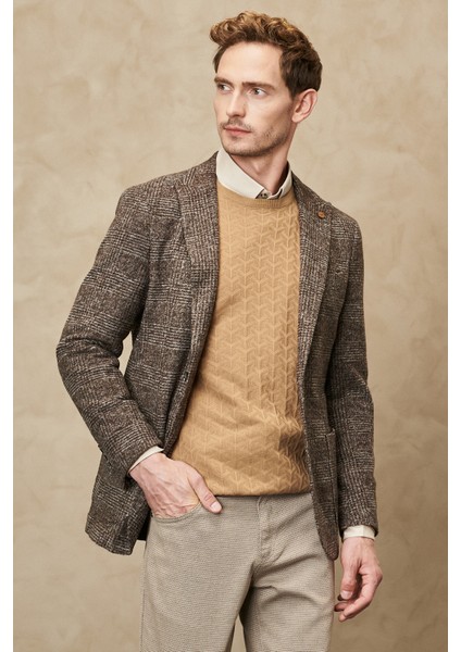 ALTINYILDIZ CLASSICS Erkek Kahverengi-gri Slim Fit Dar Kesim Kırlanıgıç Yaka Ekose Desenli Yünlü Ceket
