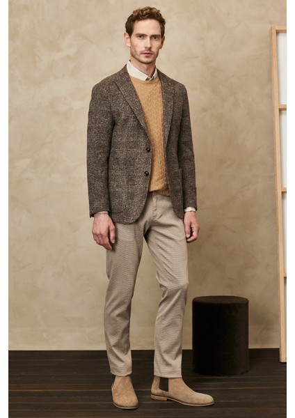 ALTINYILDIZ CLASSICS Erkek Kahverengi-gri Slim Fit Dar Kesim Kırlanıgıç Yaka Ekose Desenli Yünlü Ceket