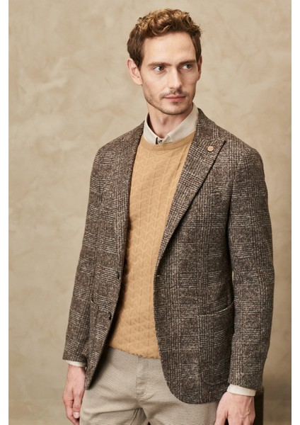 ALTINYILDIZ CLASSICS Erkek Kahverengi-gri Slim Fit Dar Kesim Kırlanıgıç Yaka Ekose Desenli Yünlü Ceket