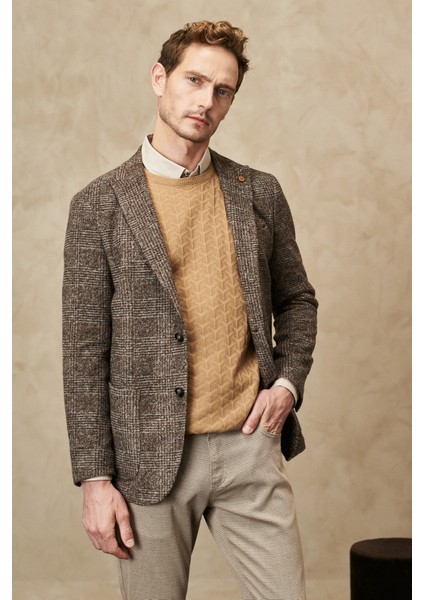 ALTINYILDIZ CLASSICS Erkek Kahverengi-gri Slim Fit Dar Kesim Kırlanıgıç Yaka Ekose Desenli Yünlü Ceket
