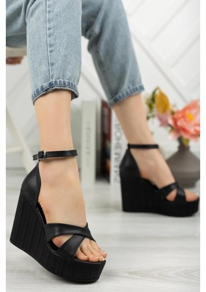 Kadın Verla Çapraz Bant Yüksek Topuklu Dolgu Taban Ayakkabı fiyatları