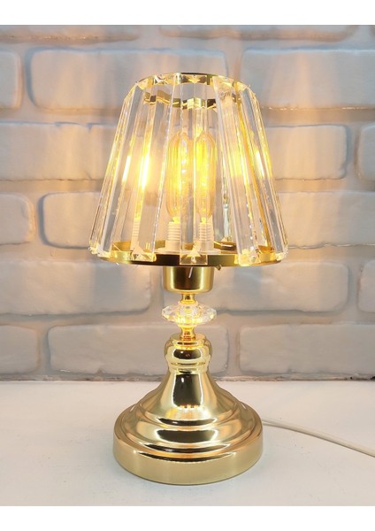 Modern Dekoratif Krom Mini Metal Ayaklı Kristal Taşlı Kristal Konik Şapkalı Abajur Masa Lambası