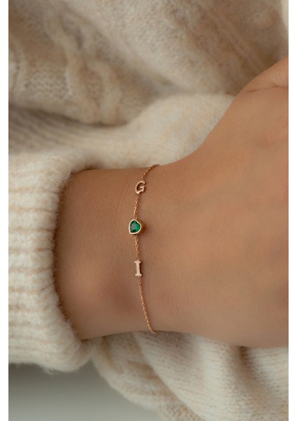 Kadın 925 Ayar Gümüş Kalp Taşlı Harf Bileklik