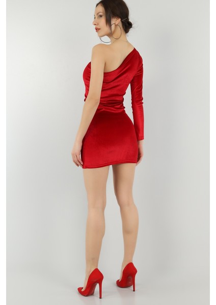 Butik Muson Asimetriktek Omuz Bodycon Elbise-Kadife Abiye