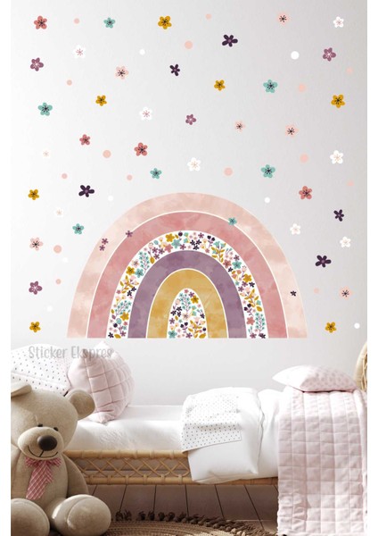 Çiçekli Gökkuşağı Çiçekler ve Puantiyeler Çocuk Odası Duvar Sticker Seti