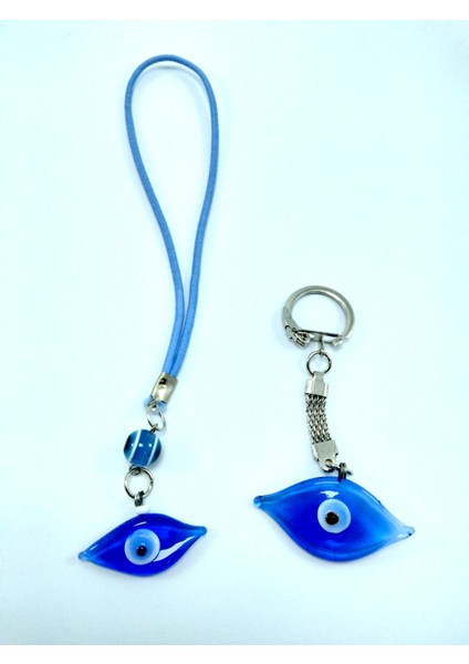 Göz Nazar Boncuğu Anahtarlık + Göz Araba Dikiz Ayna Süsü El Yapımı Cam İkili Set