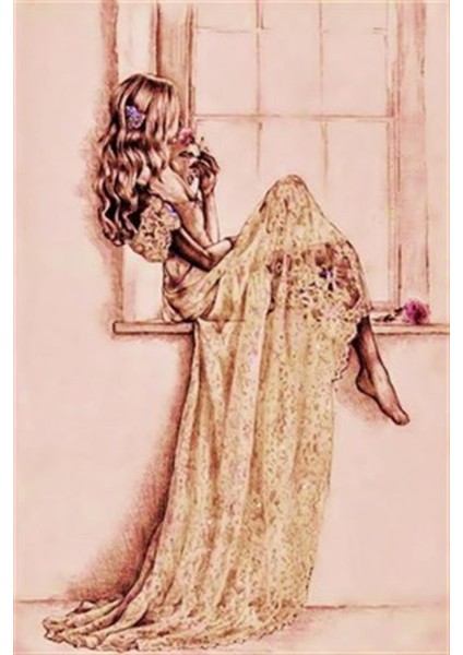 Pencerede Oturan Kadın Pixart Sanat Elmas Mozaik Tablo Diamond Türkiye 53 x 79 cm