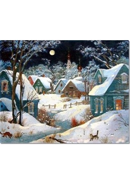 Karlı Gece ve Renkli Evler Pixart Sanat Elmas Mozaik Tablo Diamond Türkiye 64 x 51 cm