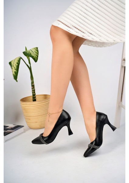 Kadeh Ökçeli Biyesi Düğümlü Siyah Kadın Stiletto