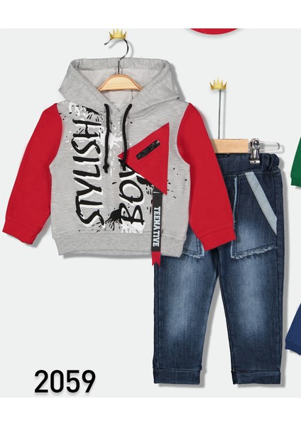 Kapşonlu Baskılı Kot Pantolonlu Erkek 2'li Takım - 2-5 Yaş - 2059