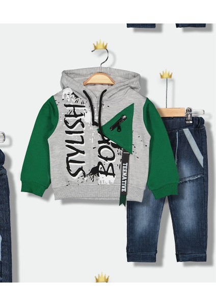 Kapşonlu Baskılı Kot Pantolonlu Erkek 2'li Takım - 2-5 Yaş - 2059