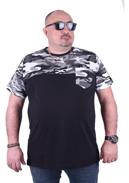 Büyük Beden Cepli Camouflage Erkek Tişört 23145 Fume