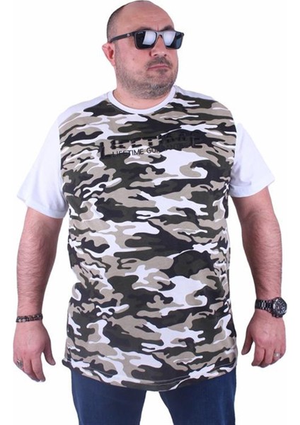 Büyük Beden Shoulder Line Camouflage Erkek Tişört 23147 Beyaz