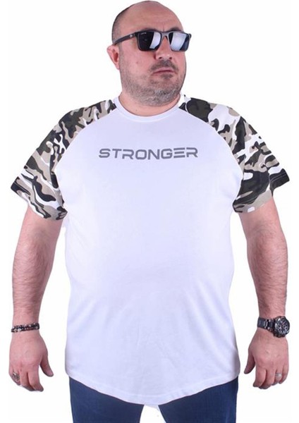Büyük Beden Raglan Sleeve Camouflage Erkek Tişört 23146 Beyaz