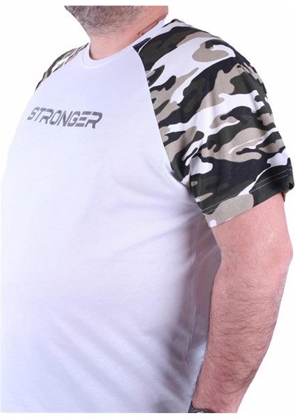 Büyük Beden Raglan Sleeve Camouflage Erkek Tişört 23146 Beyaz