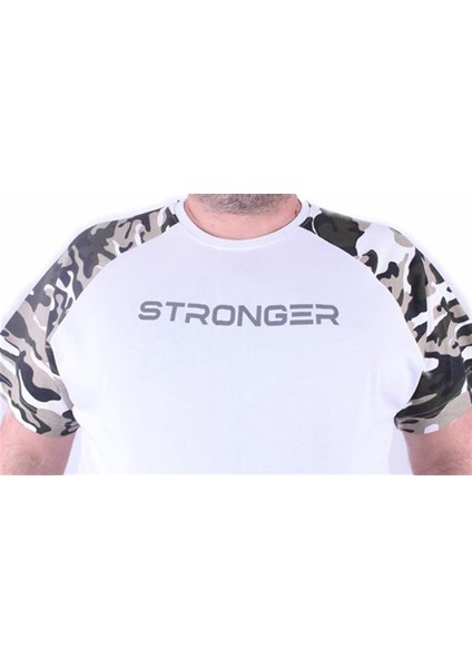 Büyük Beden Raglan Sleeve Camouflage Erkek Tişört 23146 Beyaz