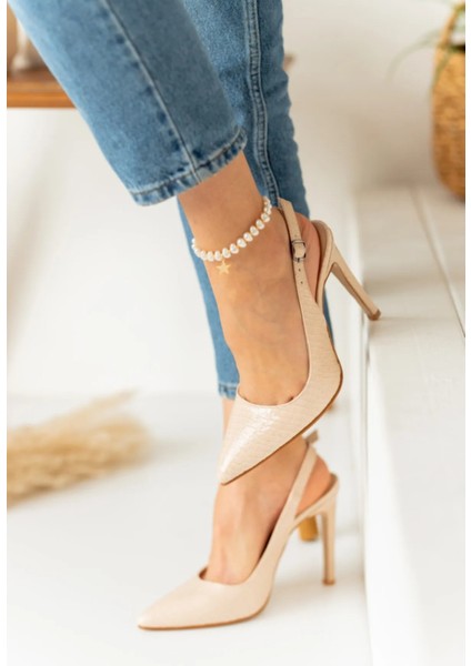 Bej Yılan Derisi Desenli Stiletto Sivri Burun Kadın Topuklu Ayakkabı