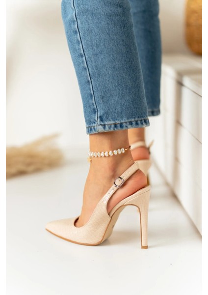 Bej Yılan Derisi Desenli Stiletto Sivri Burun Kadın Topuklu Ayakkabı fiyatları